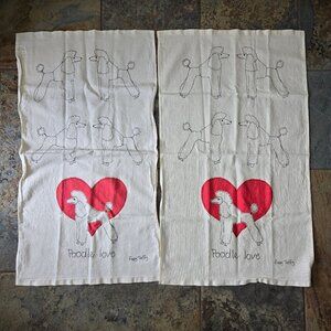 Anthropologie Poppy Treffy Set of 2 Tea Towels "Poodle Love" Unbleached Cotton